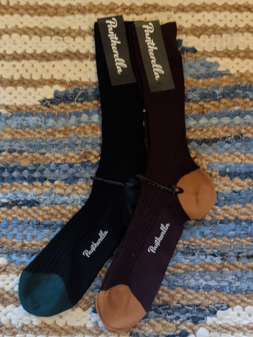 Pantherella Two-Pack Ribbed Socks in Black and Brown with Tan Toes